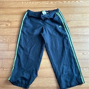 Adidas capris mesh lined exercise pants black with green stripes